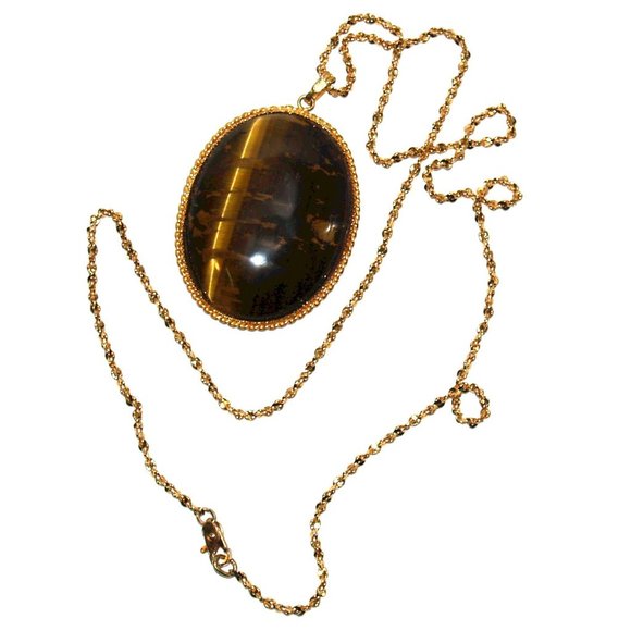 19" Gold Plated Necklace with Oval Tiger Eye Pendant - Picture 1 of 7